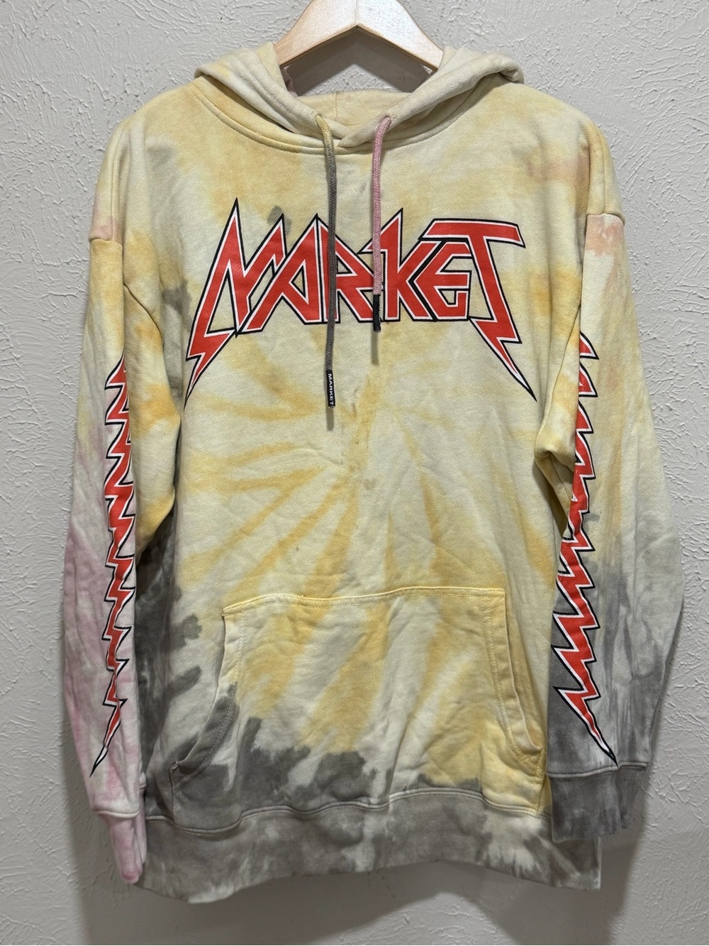 Market Tie-Dye Yellow Pullover Hoodie with Red Logo
